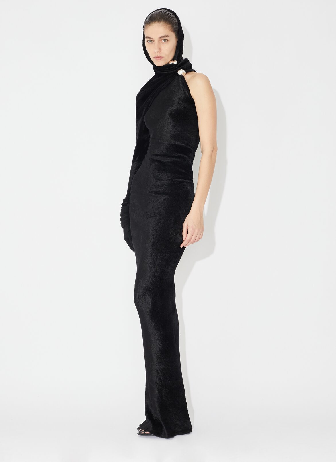 Shiny velvet hood dress ALAÏA BLACK SHINY VELVET HOOD DRESS